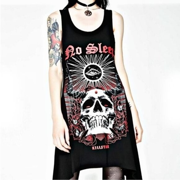 KILLSTAR Sharkbite Hem Dress – “No Sleep” Skull Graphic, Lace-Up Back Gothic - Picture 5 of 7